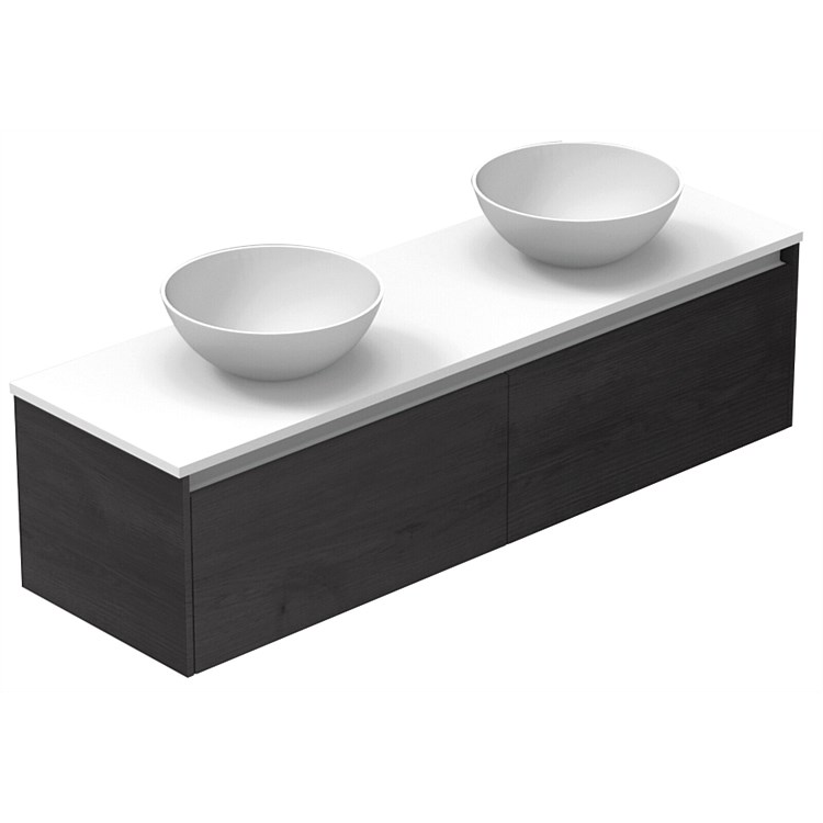 LeVivi Capri 1500mm Solid Surface Wall-Hung Vanity with Round Vessel Basins Charred Oak
