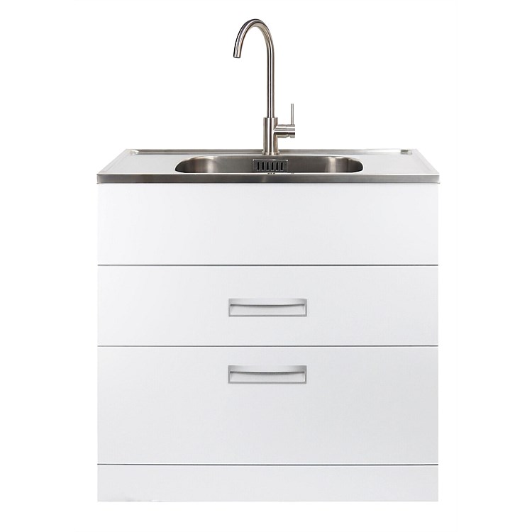 LeVivi Hub Tub 900mm Double Drawer Laundry Tub White with Brushed Stainess Steel Gooseneck Mixer