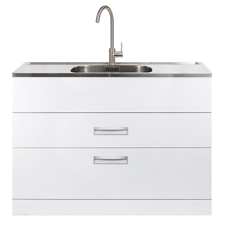 LeVivi Hub Tub 1200mm Double Drawer Laundry Tub White with Brushed Stainless Steel Gooseneck Mixer