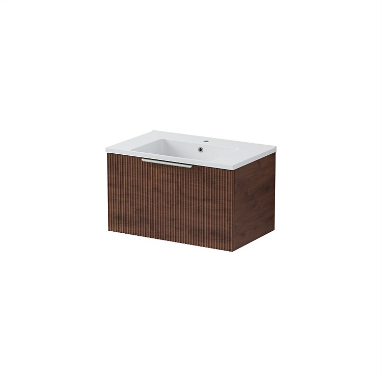LeVivi Positano Wall Hung 750mm Vanity Solid Surface Single Drawer Walnut