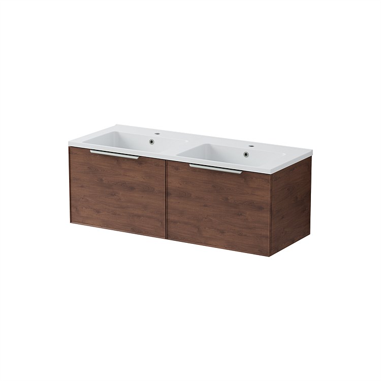 LeVivi Positano Edge Wall-Hung Vanity 1200mm Side By Side Drawers & Double Bowl Walnut