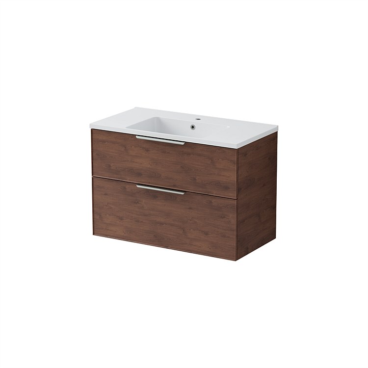 LeVivi Positano Edge Wall-Hung Vanity 900mm Double Drawer Walnut