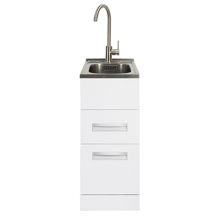 LeVivi Hub Tub 360 Drawer Laundry Tub White with Brushed Stainless Steel Gooseneck Mixer