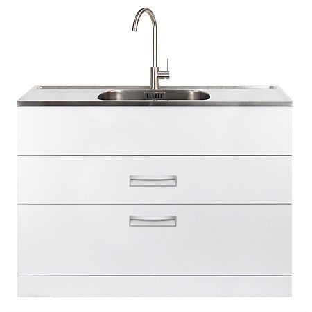 LeVivi Hub Tub 1200mm Double Drawer Laundry Tub White with Brushed Stainless Steel Gooseneck Mixer