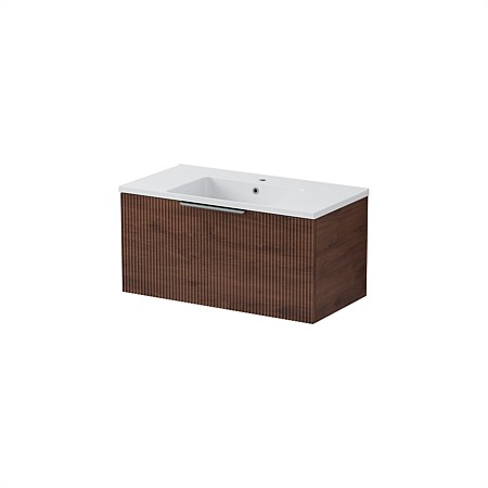 LeVivi Positano Wall Hung 900mm Vanity Solid Surface Single Drawer Walnut