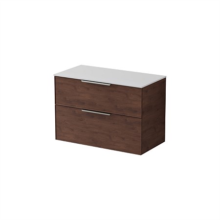 LeVivi Positano Edge 900mm Wall-Hung Solid Surface Double Drawer Vanity Walnut