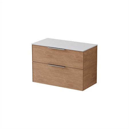 LeVivi Positano Edge 900mm Wall-Hung Solid Surface Double Drawer Vanity Devon Oak