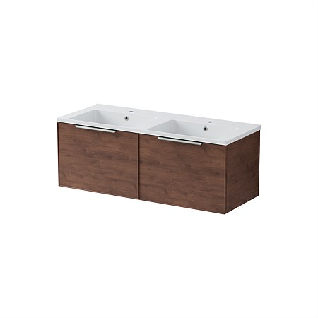 LeVivi Positano Edge Wall-Hung Vanity 1200mm Side By Side Drawers & Double Bowl Walnut